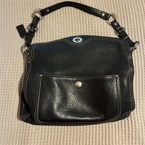 Coach Black Pebbled Leather Shoulder Bag with Front Pocket